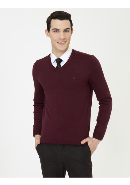Erkek Bordo Slim Fit V Yaka Basic Triko Kazak 50248554-VR014