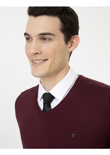 Erkek Bordo Slim Fit V Yaka Basic Triko Kazak 50248554-VR014 fiyatları
