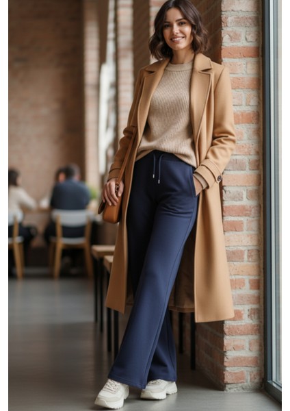 Pamuklu Kadın Eşofman Altı Yüksek Bel Lacivert Flare Fit Geniş Paça Ipli Cepli Esnek Yumuşak Likra