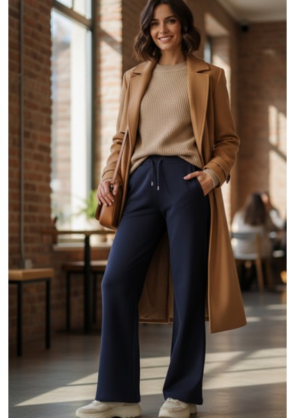 Pamuklu Kadın Eşofman Altı Yüksek Bel Lacivert Flare Fit Geniş Paça Ipli Cepli Esnek Yumuşak Likra fiyatları