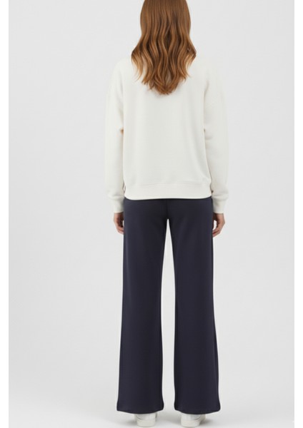 Pamuklu Kadın Eşofman Altı Yüksek Bel Lacivert Flare Fit Geniş Paça Ipli Cepli Esnek Yumuşak Likra