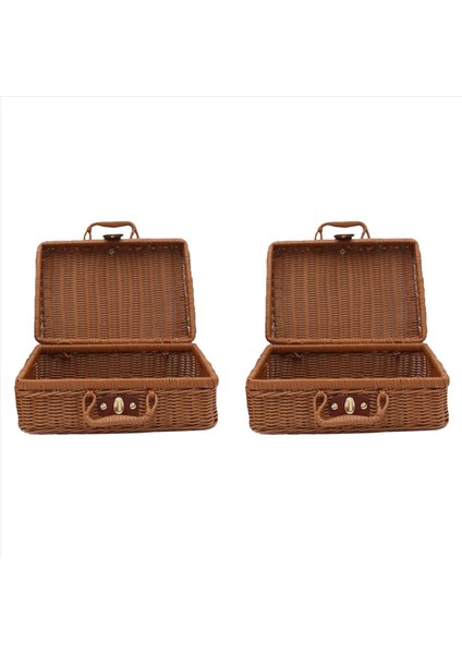 2x Piknik Sepeti Dokuma Vintage Bavul Dokuma Depolama Sepeti Rattan Depolama Çantası Piknik Örgü Çamaşır Sepeti B (Yurt Dışından)