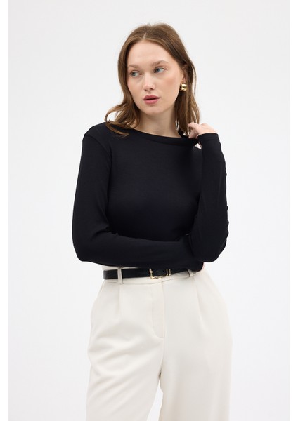 Siyah Premium/Viskoz Yumuşak Kumaşlı Parmak Geçmeli Crop Bluz 8162A