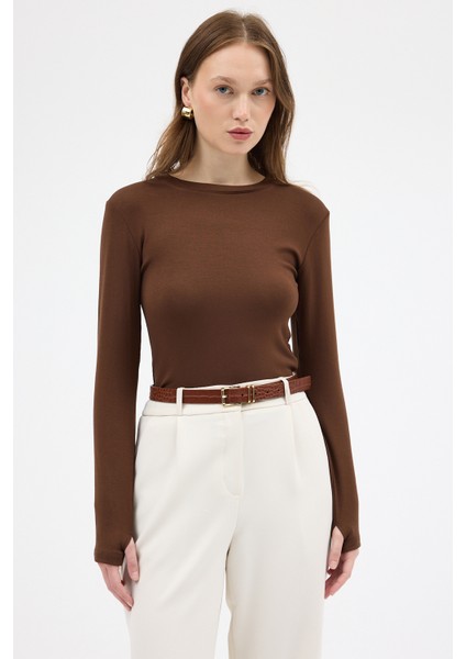 Kahve Premium/Viskoz Yumuşak Kumaşlı Parmak Geçmeli Crop Bluz 8162A fiyatları