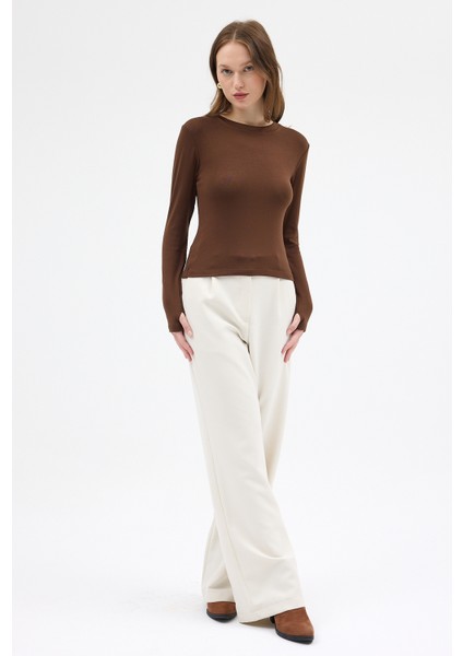 Kahve Premium/Viskoz Yumuşak Kumaşlı Parmak Geçmeli Crop Bluz 8162A fırsatları