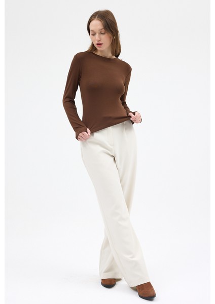 Kahve Premium/Viskoz Yumuşak Kumaşlı Parmak Geçmeli Crop Bluz 8162A