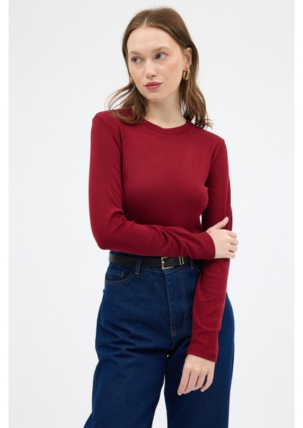 Bordo Premium/Viskoz Yumuşak Kumaşlı Parmak Geçmeli Crop Bluz 8162A
