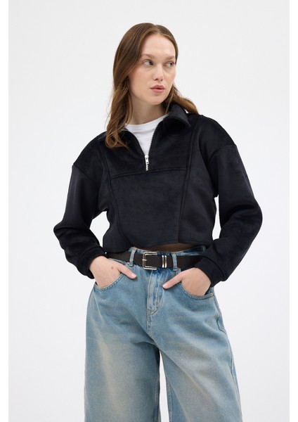 Siyah Kadın Peluş Yarım Fermuarlı Crop Sweatshirt 3056A fiyatları