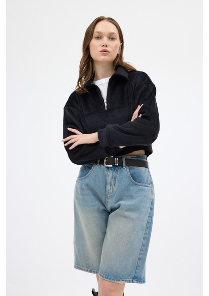 Siyah Kadın Peluş Yarım Fermuarlı Crop Sweatshirt 3056A modelleri