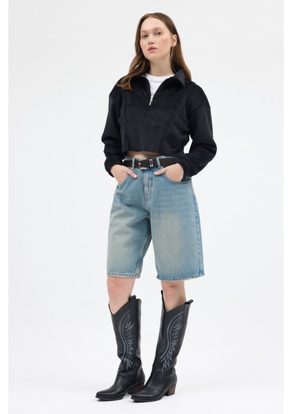 Siyah Kadın Peluş Yarım Fermuarlı Crop Sweatshirt 3056A fırsatları