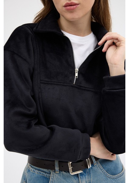 Siyah Kadın Peluş Yarım Fermuarlı Crop Sweatshirt 3056A indirimleri