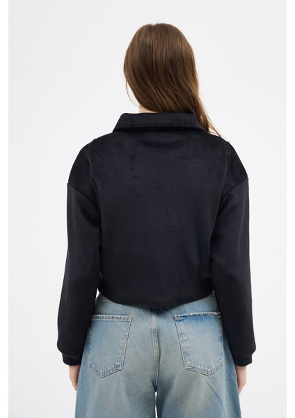 Siyah Kadın Peluş Yarım Fermuarlı Crop Sweatshirt 3056A