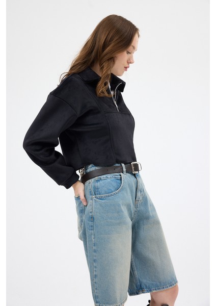 Siyah Kadın Peluş Yarım Fermuarlı Crop Sweatshirt 3056A