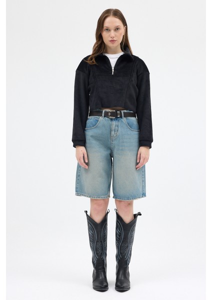 Siyah Kadın Peluş Yarım Fermuarlı Crop Sweatshirt 3056A
