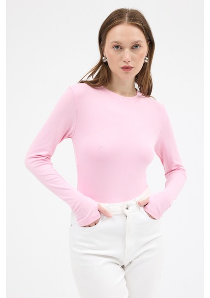 Pembe Premium/Viskoz Yumuşak Kumaşlı Parmak Geçmeli Crop Bluz 8162A