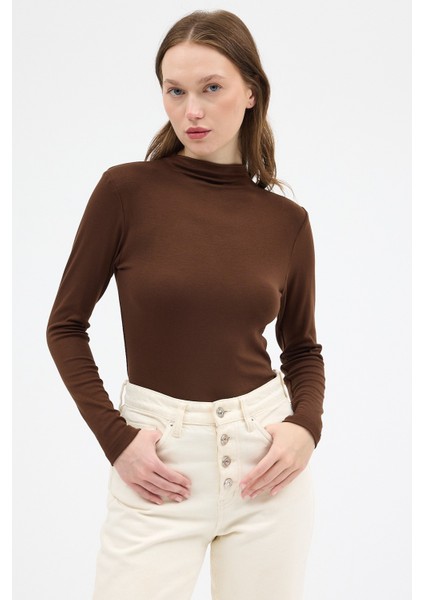 Kahve Yarım Boğaz Uzun Kollu Body 2069