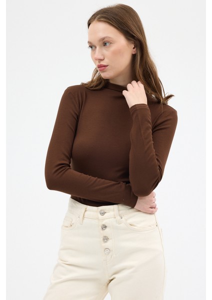 Kahve Yarım Boğaz Uzun Kollu Body 2069