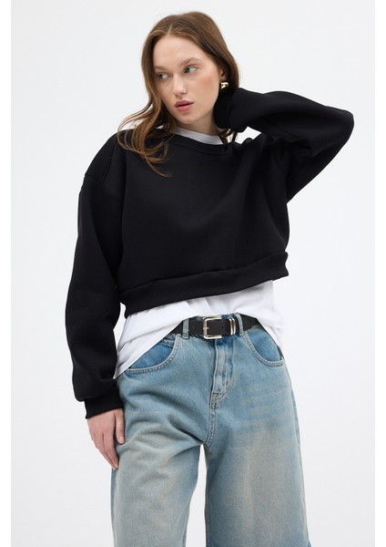Siyah Kadın Crop Bisiklet Yaka Sweatshirt 9210M fiyatları
