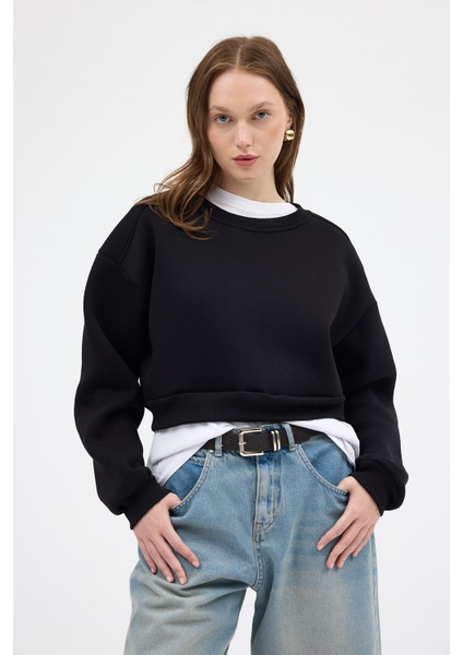 Siyah Kadın Crop Bisiklet Yaka Sweatshirt 9210M modelleri