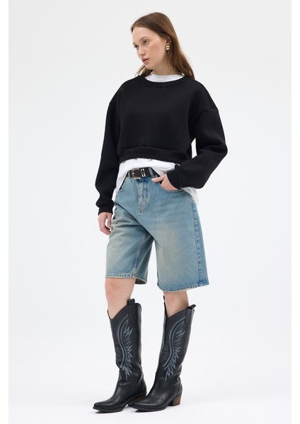 Siyah Kadın Crop Bisiklet Yaka Sweatshirt 9210M fırsatları