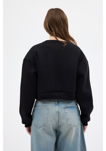 Siyah Kadın Crop Bisiklet Yaka Sweatshirt 9210M