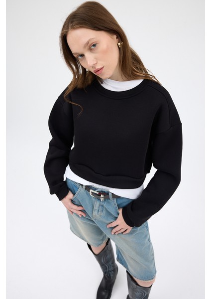 Siyah Kadın Crop Bisiklet Yaka Sweatshirt 9210M