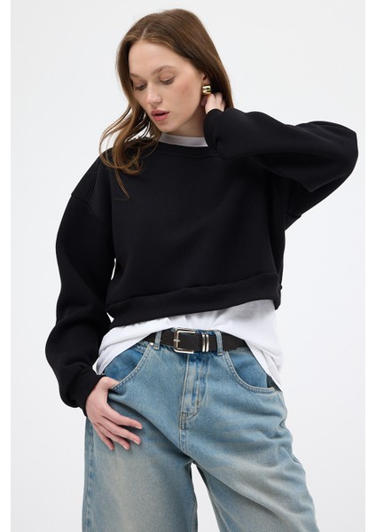 Siyah Kadın Crop Bisiklet Yaka Sweatshirt 9210M
