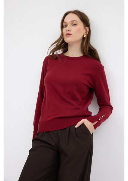 Bordo Bisiklet Yaka Kol Düğmeli Kadın Triko Kazak 2455