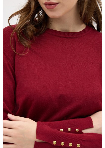 Bordo Bisiklet Yaka Kol Düğmeli Kadın Triko Kazak 2455