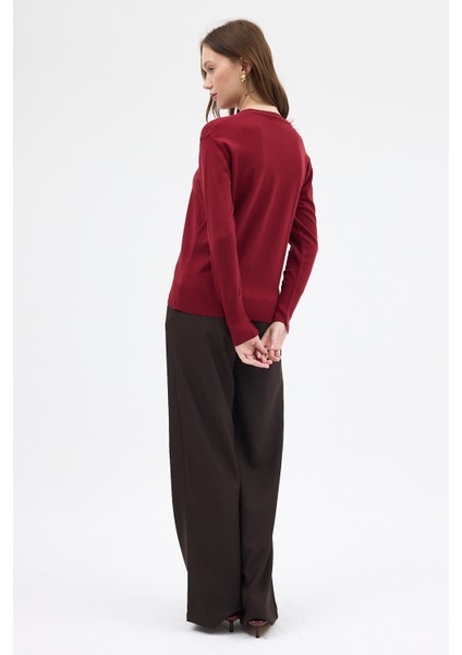 Bordo Bisiklet Yaka Kol Düğmeli Kadın Triko Kazak 2455