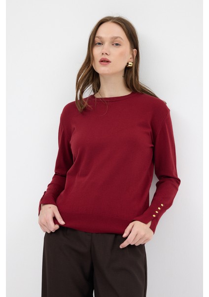 Bordo Bisiklet Yaka Kol Düğmeli Kadın Triko Kazak 2455