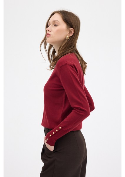 Bordo Bisiklet Yaka Kol Düğmeli Kadın Triko Kazak 2455