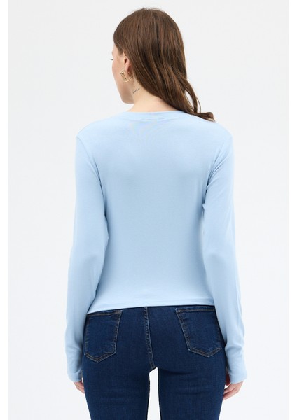 Mavi Premium/Viskoz Yumuşak Kumaşlı Parmak Geçmeli Crop Bluz 8162A