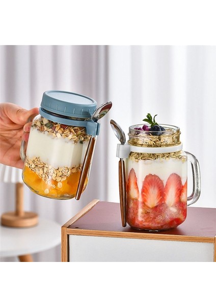 Gecelik Yulaf Kavanozu Kapak ve Kaşık Süt Meyve Salatası Salatası Gıda Depolama Konteyneri Yoğurt Gece Yulaf Konteyneri (Yurt Dışından) modelleri