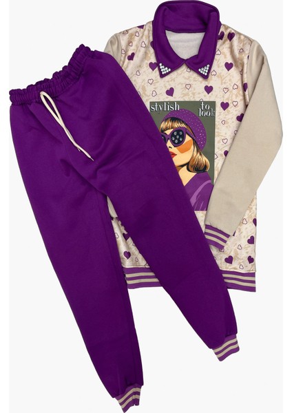 Kız Çocuk Görsel Baskılı Yaka Taşlı 3 Iplik Alt Üst Takım 12321