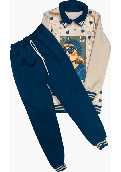 Kız Çocuk Görsel Baskılı Yaka Taşlı 3 Iplik Alt Üst Takım 12321