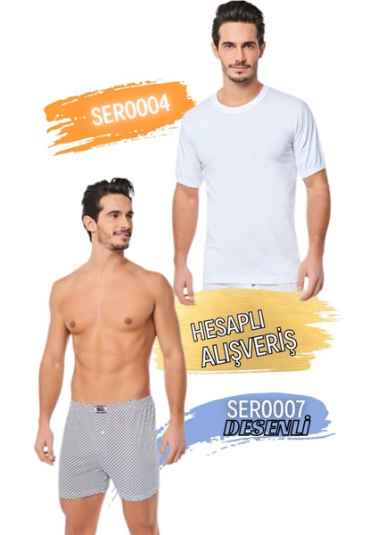 Erkek Kolu Bantlı Sıfır Yaka Atlet ve Desenli Boxer Takım 6'lı Set (12 Parça) SER0004 - SER0007