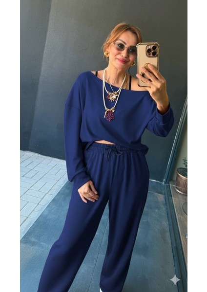 Kadın Uzun Kollu Tek Omuzdan Açık Viskon Iki Iplik Bluz ve Pantolon Ikili Takım
