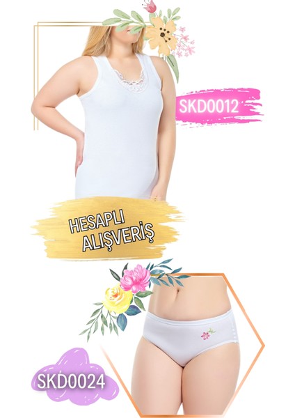 Kadın Geniş Askılı Hazır Yaka Atlet ve Çiçek Desenli Külot Takım 6'lı Set (12 Parça) SKD0012 - SKD0024