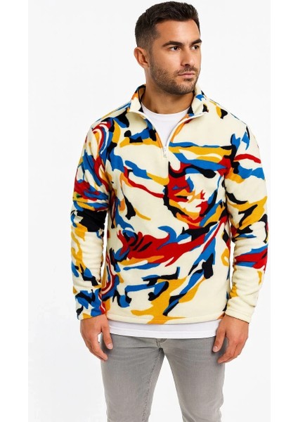 Erkek Yarım Fermuarlı Desenli Polar Sweat – Renkli Abstract Desen Yakalı, Uzun Kollu, Oversize Rahat Kalıp, - Beyaz