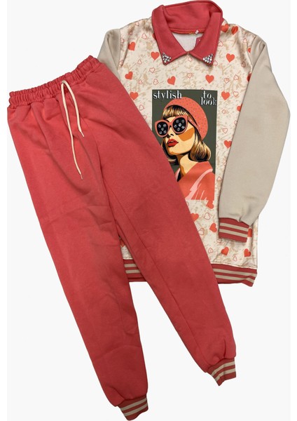 Kız Çocuk Görsel Baskılı Yaka Taşlı 3 Iplik Alt Üst Takım 12321