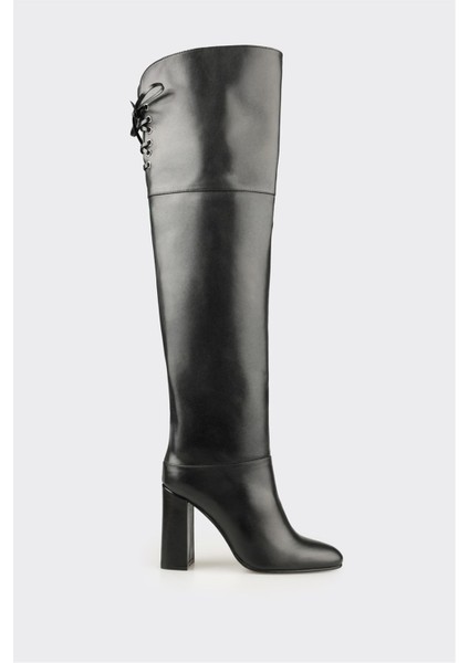 Siyah Deri Kadın Yüksek Topuk Çizme