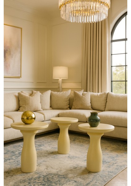 Mantar Formlu Krem Ahşap Sehpa 3’lü Set – Modern Fiskos Zigon Takımı