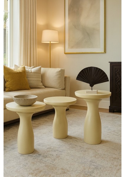 Mantar Formlu Krem Ahşap Sehpa 3’lü Set – Modern Fiskos Zigon Takımı fiyatları