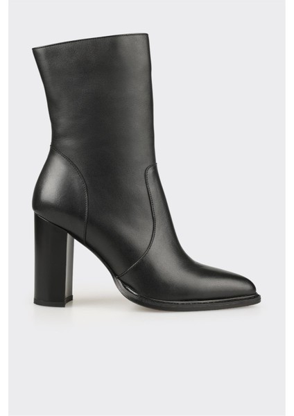 Siyah Deri Kadın Yüksek Topuk Bot