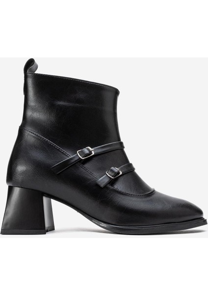 Sade Çift Tokalı Küt Burunlu Topuklu Bot SİYAH CİLT fiyatları