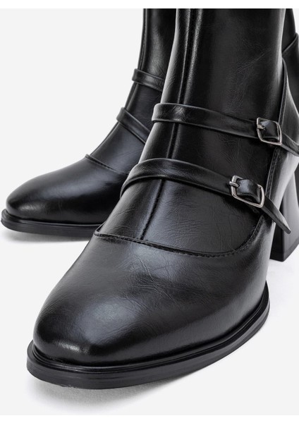 Sade Çift Tokalı Küt Burunlu Topuklu Bot SİYAH CİLT modelleri