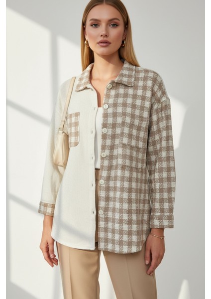Kadın Bej Oversize Fit Ekoseli Desenli Uzun Kollu %100 Pamuk Gömlek, Ceket, Kadın Oduncu Gömlek