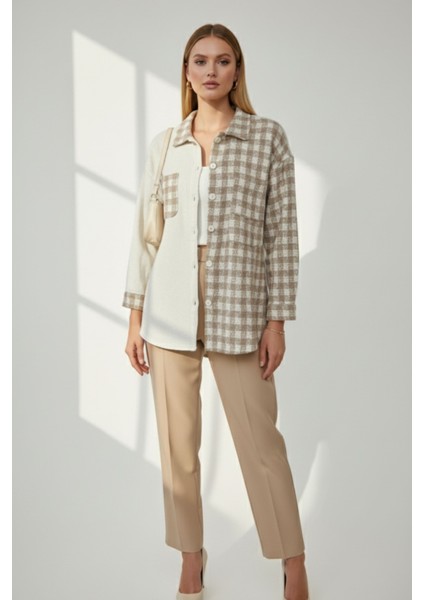 Kadın Bej Oversize Fit Ekoseli Desenli Uzun Kollu %100 Pamuk Gömlek, Ceket, Kadın Oduncu Gömlek fiyatları