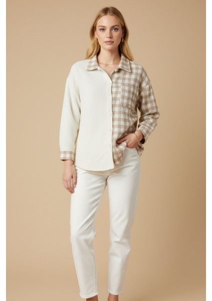 Kadın Bej Oversize Fit Ekoseli Desenli Uzun Kollu %100 Pamuk Gömlek, Ceket, Kadın Oduncu Gömlek modelleri